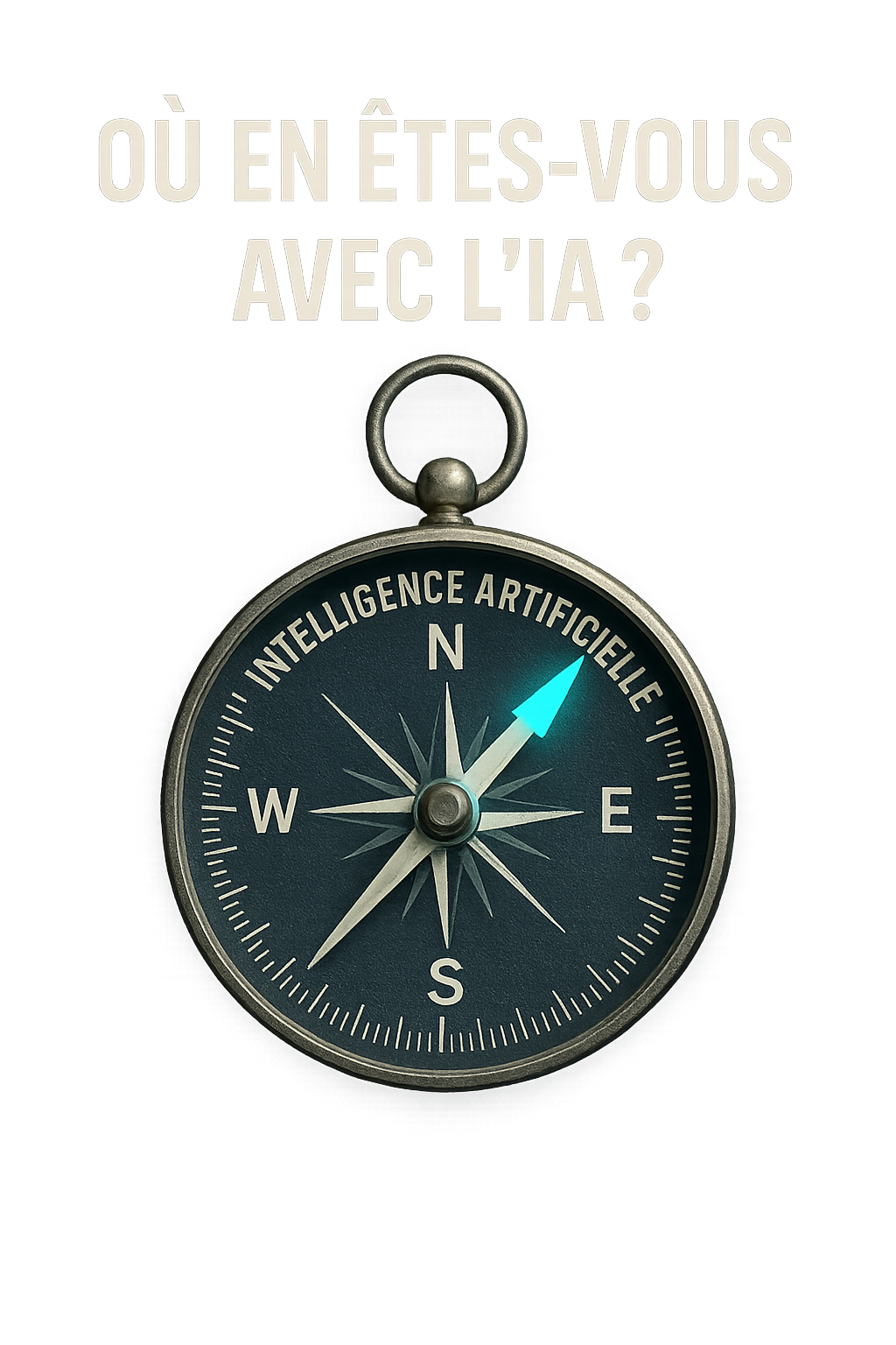 L'image représente une boussole avec l'inscription "Intelligence Artificielle", soulignant le besoin d'orienter l'automatisation dans le domaine vétérinaire pour améliorer les soins et la gestion des animaux.