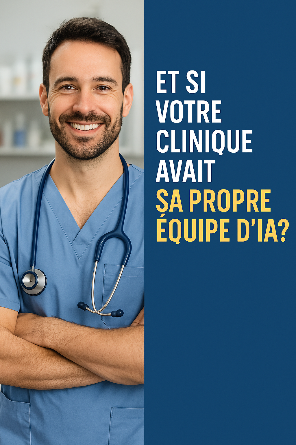 L'image évoque un vétérinaire, souriant, qui soulève la question de l'intégration de l'intelligence artificielle et de l'automatisation dans sa clinique pour améliorer les soins aux animaux.