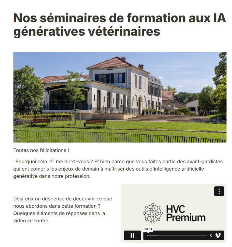 L'image présente un séminaire de formation sur l'intelligence artificielle et l'automatisation appliquées au domaine vétérinaire, soulignant l'importance d'adopter ces outils pour l'avenir de la profession.