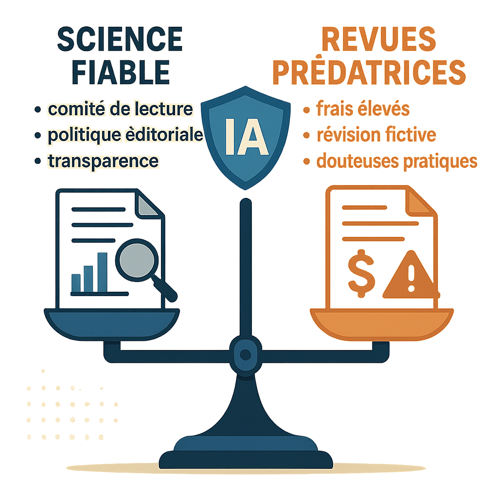 L'image illustre la dichotomie entre la science fiable, soutenue par l'intelligence artificielle, et les revues prédatrices, soulignant l'importance de l'automatisation dans la recherche vétérinaire et l'authenticité des publications.