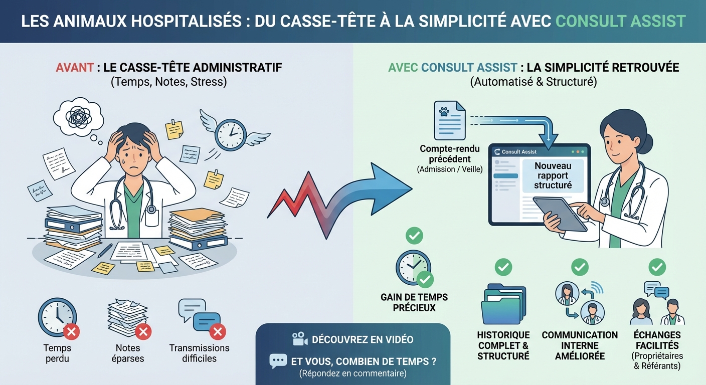 Cette image illustre comment l'intelligence artificielle et l'automatisation, via l'outil Consult Assist, simplifient le travail administratif des vétérinaires, réduisant le stress et améliorant l'efficacité.