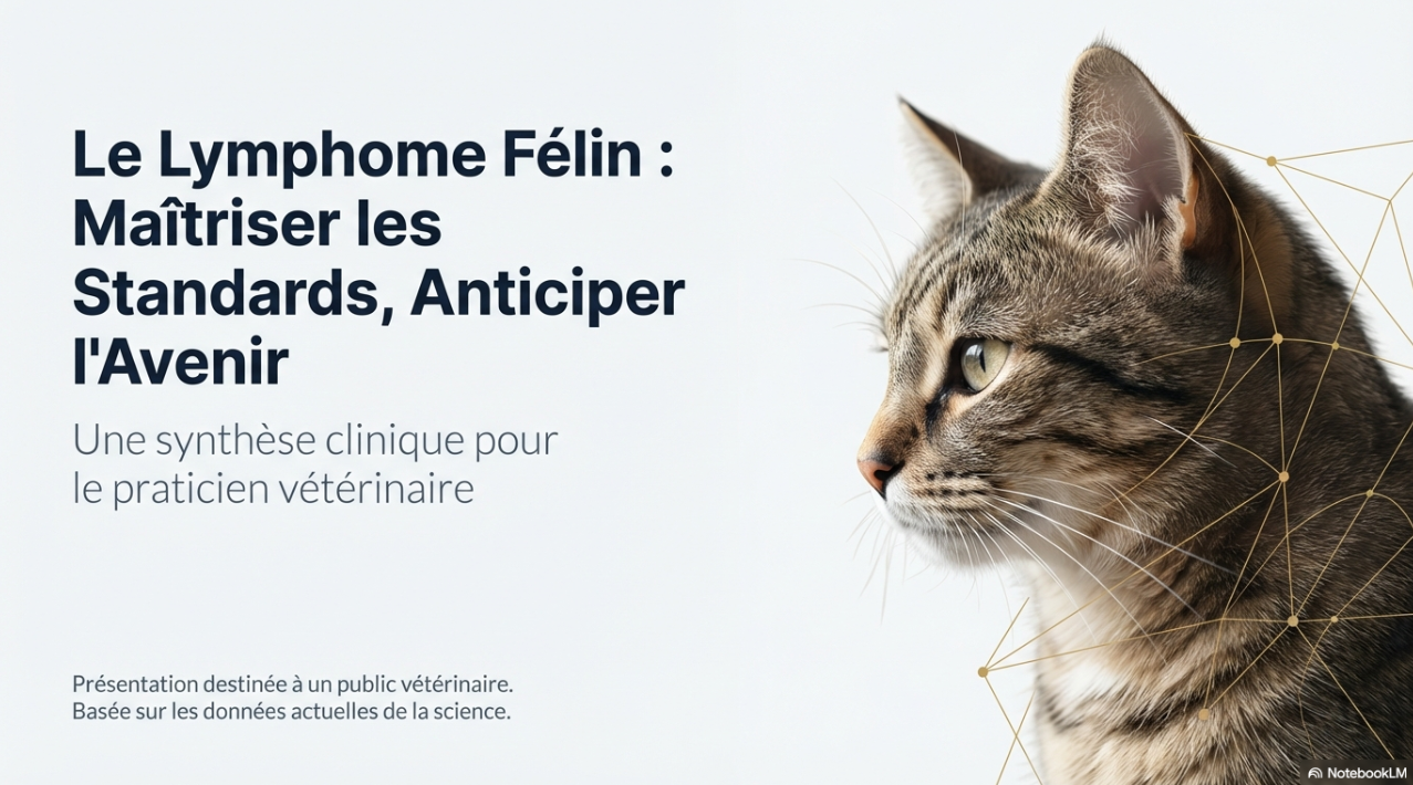 Cette image présente une synthèse clinique sur le lymphome félin, soulignant l'importance de l'intelligence artificielle et de l'automatisation pour le praticien vétérinaire dans son approche future.