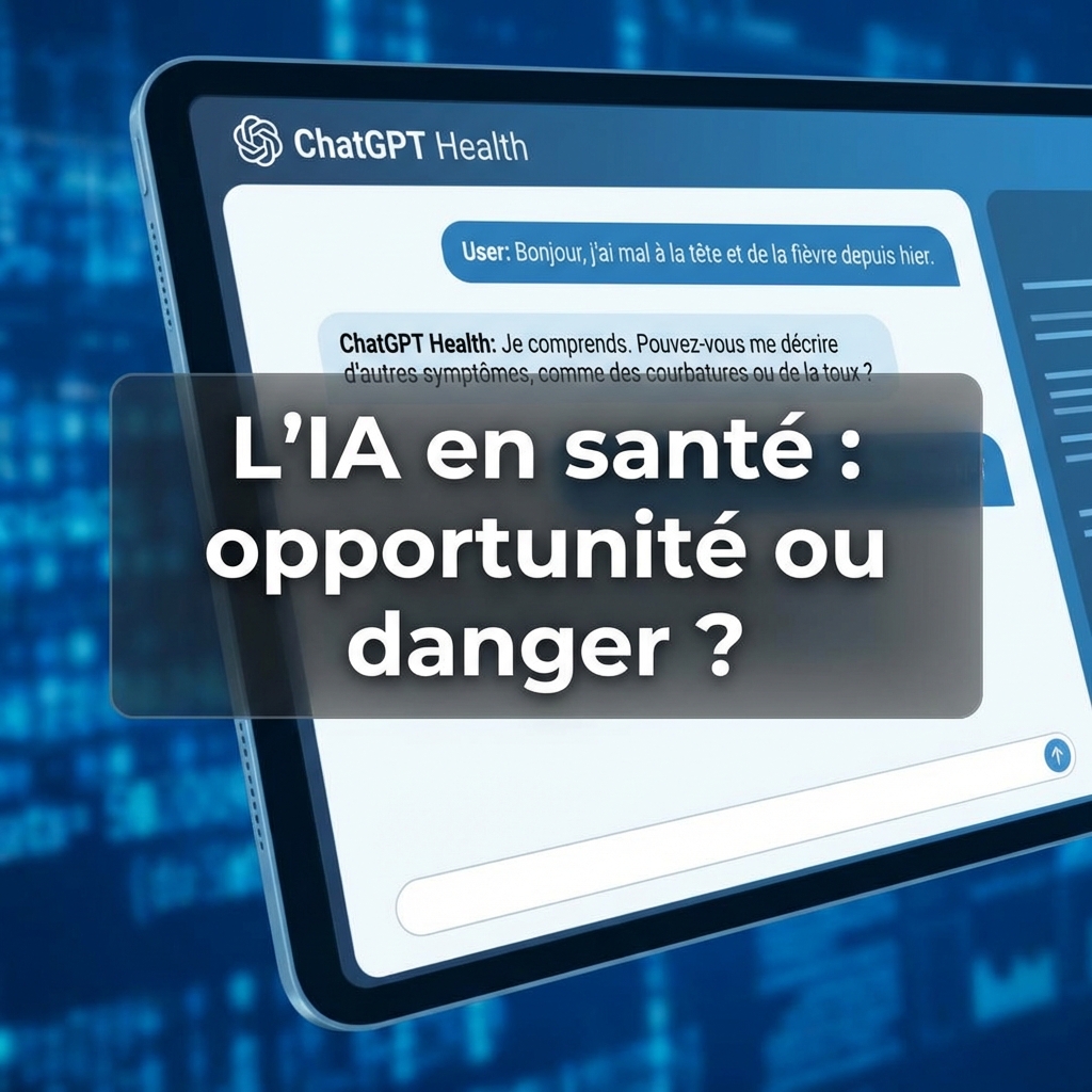 L'image évoque une conversation sur l'intelligence artificielle dans le domaine de la santé, abordant l'automatisation des diagnostics, avec des implications possibles pour les vétérinaires et les soins aux animaux.