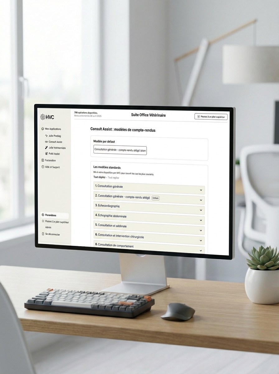 L'image montre un ordinateur affichant un logiciel d'intelligence artificielle dédié à l'automatisation des comptes-rendus pour les vétérinaires, facilitant ainsi la gestion des consultations.