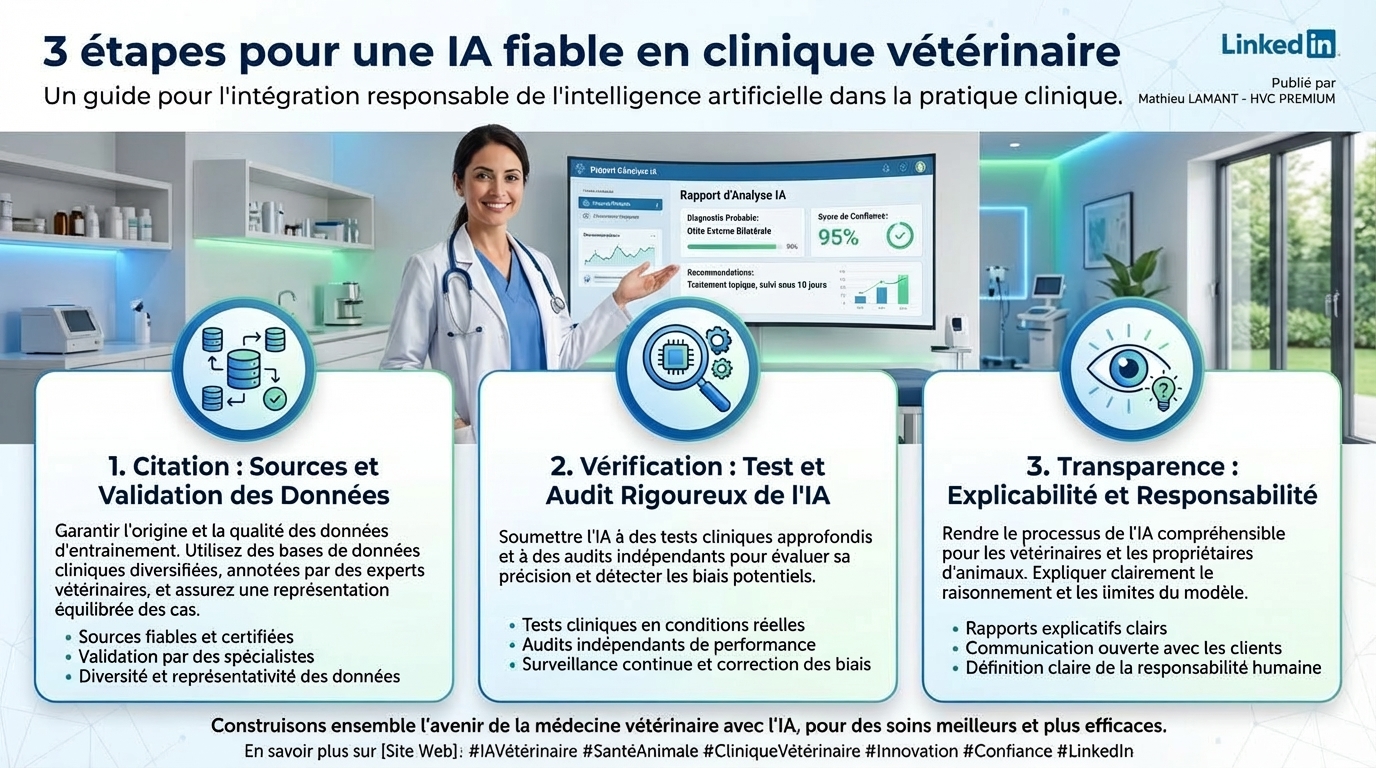 Cette image présente un guide en trois étapes pour l'intégration responsable de l'intelligence artificielle dans le domaine vétérinaire, soulignant l'importance de la validation des données et de l'automatisation des processus cliniques.