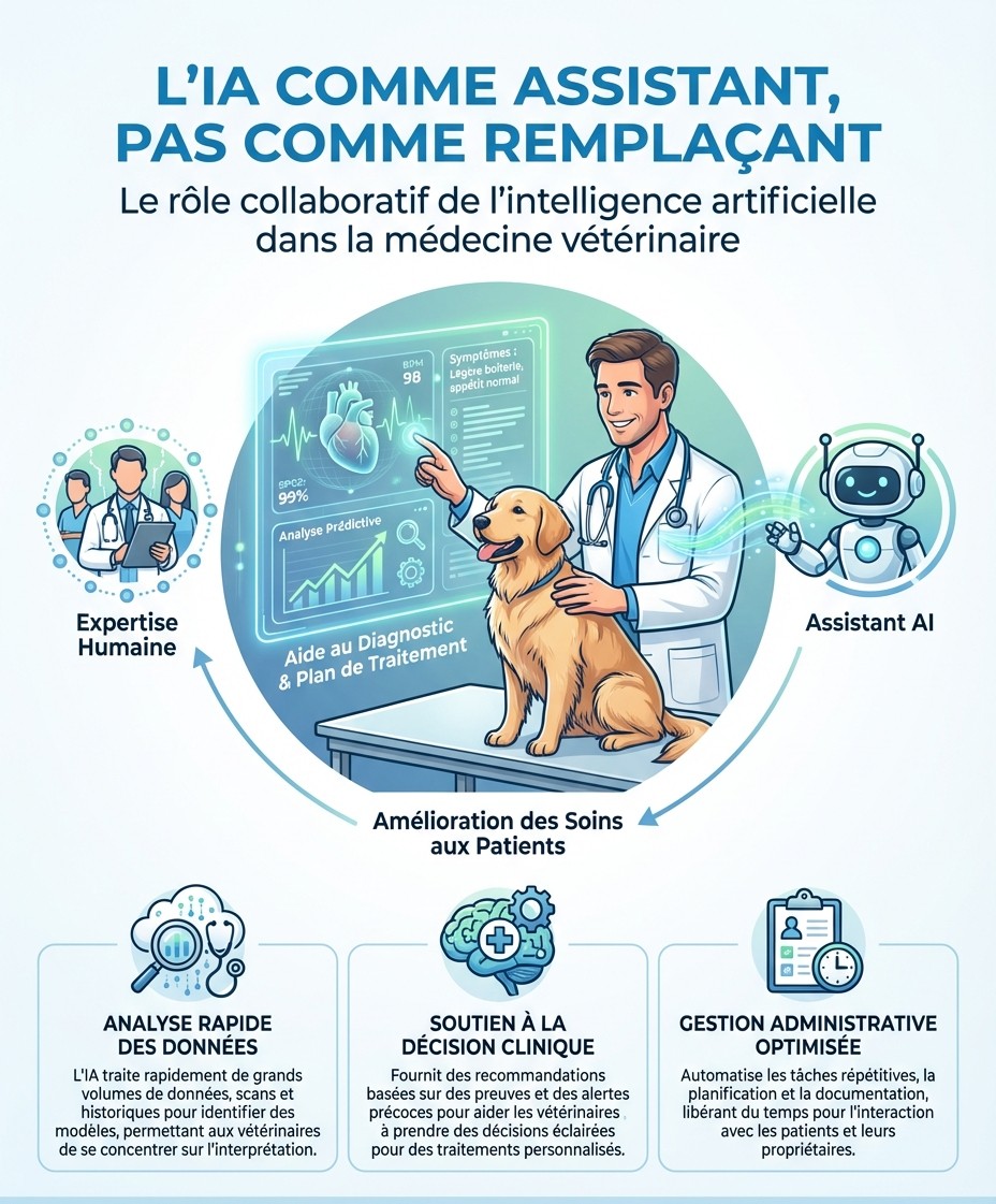 L'image illustre le rôle collaboratif de l'intelligence artificielle dans la médecine vétérinaire, montrant comment l'automatisation aide à améliorer le diagnostic, le traitement et la gestion administrative des soins aux patients.