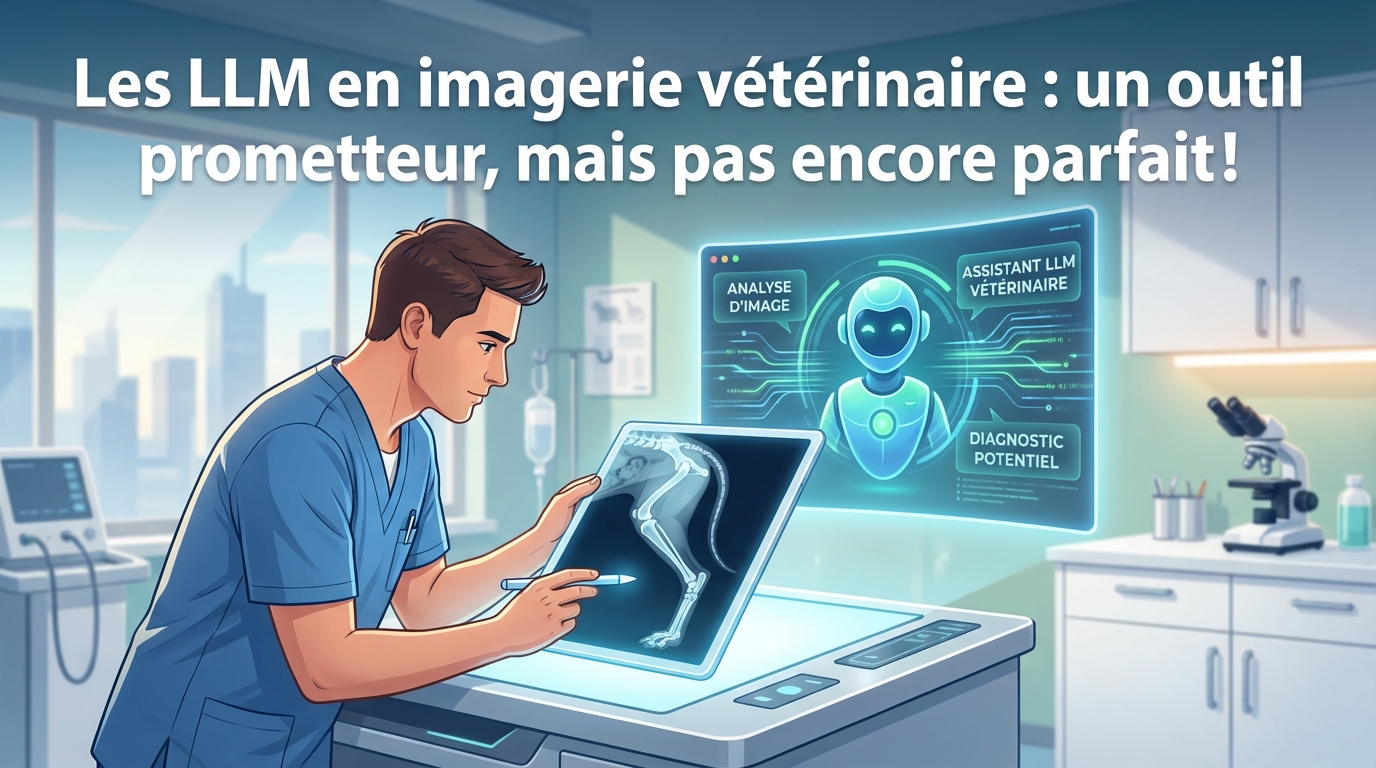 L'image illustre un vétérinaire utilisant des outils d'intelligence artificielle pour automatiser l'analyse d'images, mettant en avant les avancées prometteuses mais imparfaites de cette technologie dans le domaine vétérinaire.