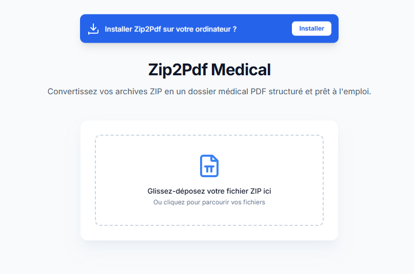 L'image présente un outil de conversion utilisant l'intelligence artificielle pour automatiser le traitement des fichiers médicaux ZIP en format PDF, utile pour les vétérinaires et leurs dossiers.