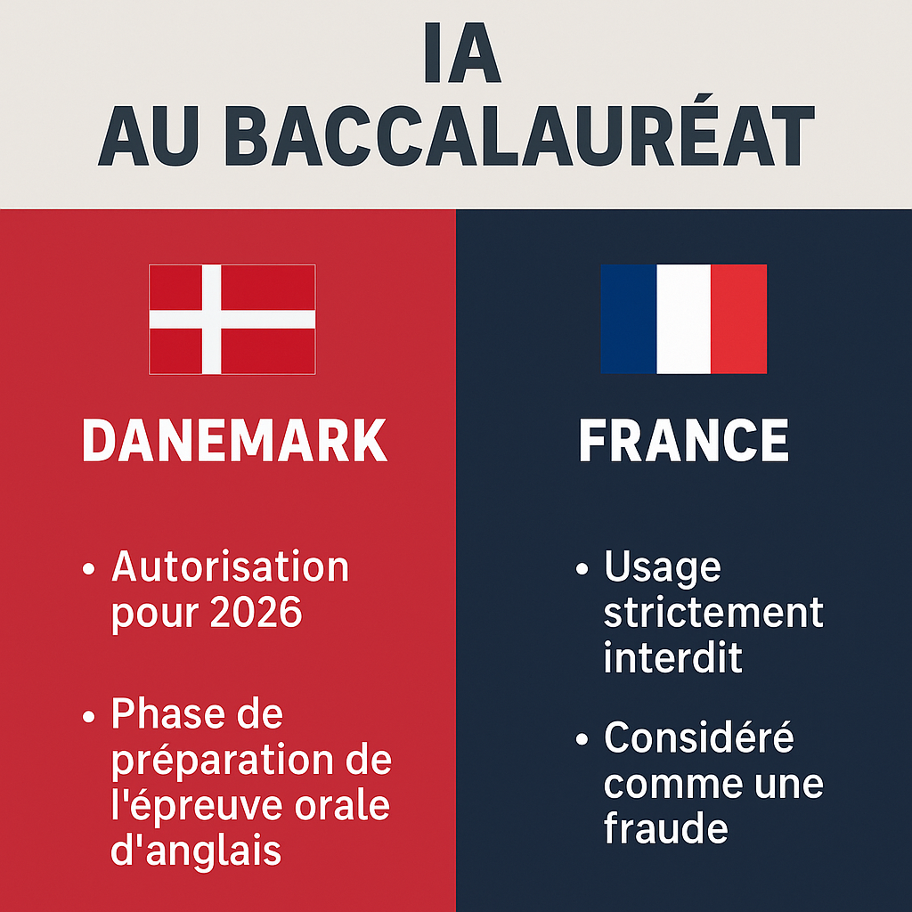 L'image montre les différences d'application de l'intelligence artificielle au baccalauréat entre le Danemark, où son usage est autorisé pour 2026, et la France, où il est strictement interdit, impactant potentiellement des filières comme vétérinaire.