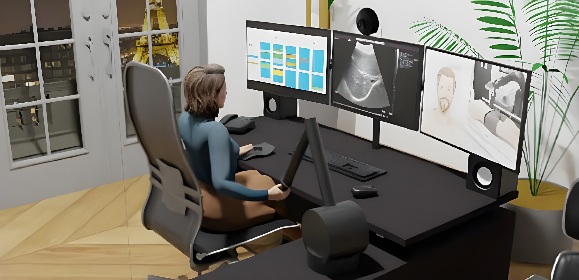 L'image montre une vétérinaire utilisant l'intelligence artificielle et l'automatisation pour analyser des données médicales sur plusieurs écrans dans un environnement moderne et éclairé.