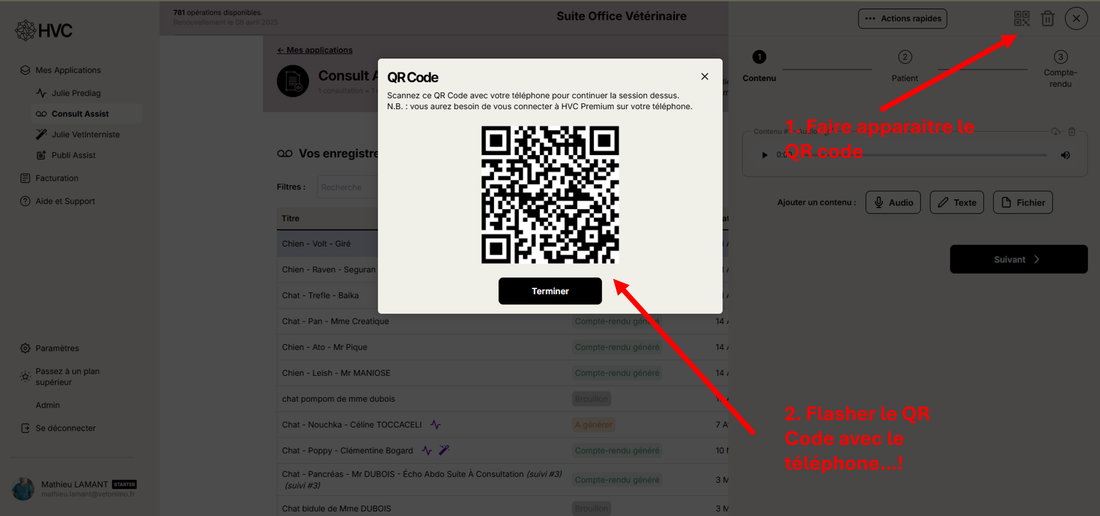 L'image montre une interface numérique utilisée par un vétérinaire qui illustre l'automatisation des consultations grâce à l'intelligence artificielle, avec la possibilité de scanner un QR code pour accéder à des informations.