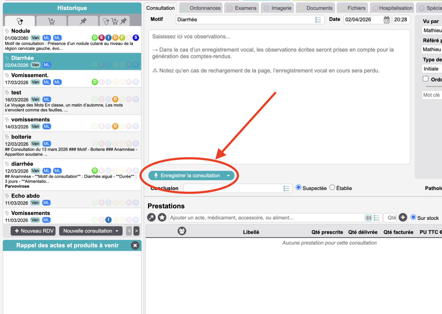 L'image illustre un logiciel vétérinaire utilisant l'intelligence artificielle et l'automatisation pour enregistrer des consultations, facilitant ainsi le suivi des patients et la gestion des observations cliniques.
