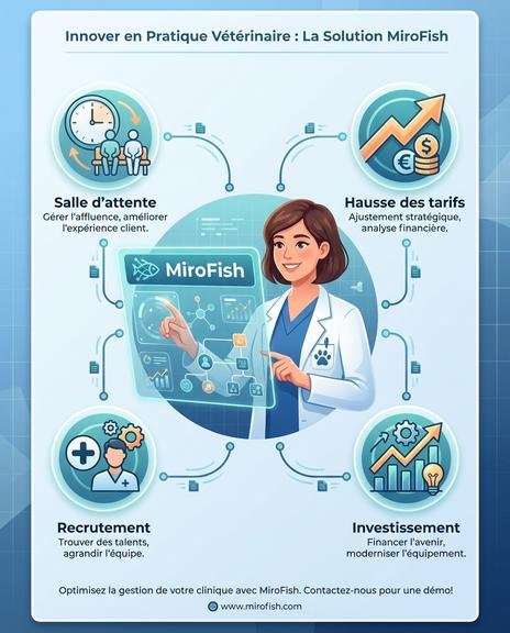 L'image présente MiroFish, une solution d'intelligence artificielle et d'automatisation destinée aux vétérinaires, optimisant la gestion des cliniques à travers le recrutement, l'investissement et la gestion des salles d'attente.