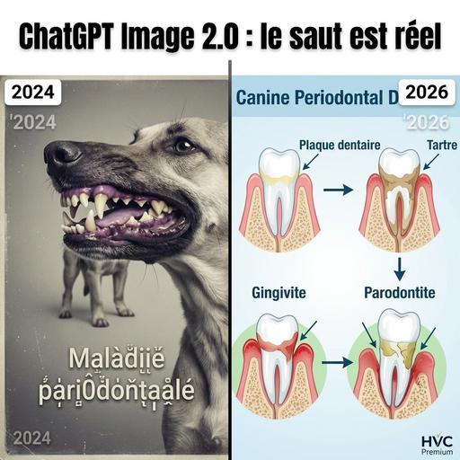 L'image illustre l'évolution de la prise en charge vétérinaire de la maladie parodontal canin, mettant en avant l'importance de l'intelligence artificielle et de l'automatisation dans le diagnostic et le traitement.