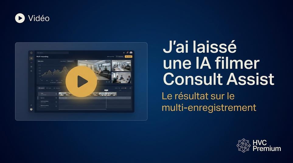 Cette image présente une interface de vidéo où une intelligence artificielle automatise le processus de capture des consultations, utile pour les vétérinaires afin d'optimiser leurs enregistrements.