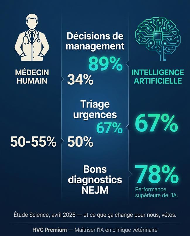 L'image présente des données sur l'impact de l'intelligence artificielle et de l'automatisation dans la pratique vétérinaire, soulignant son efficacité dans la gestion, le triage des urgences et les diagnostics.
