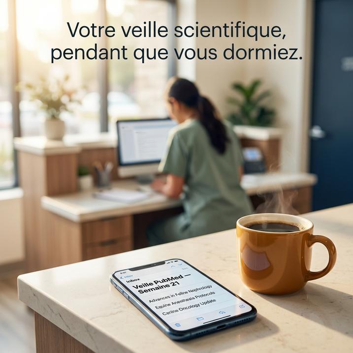 L'image illustre une vétérinaire utilisant l'intelligence artificielle pour l'automatisation de sa veille scientifique, pendant qu'elle savoure une tasse de café.