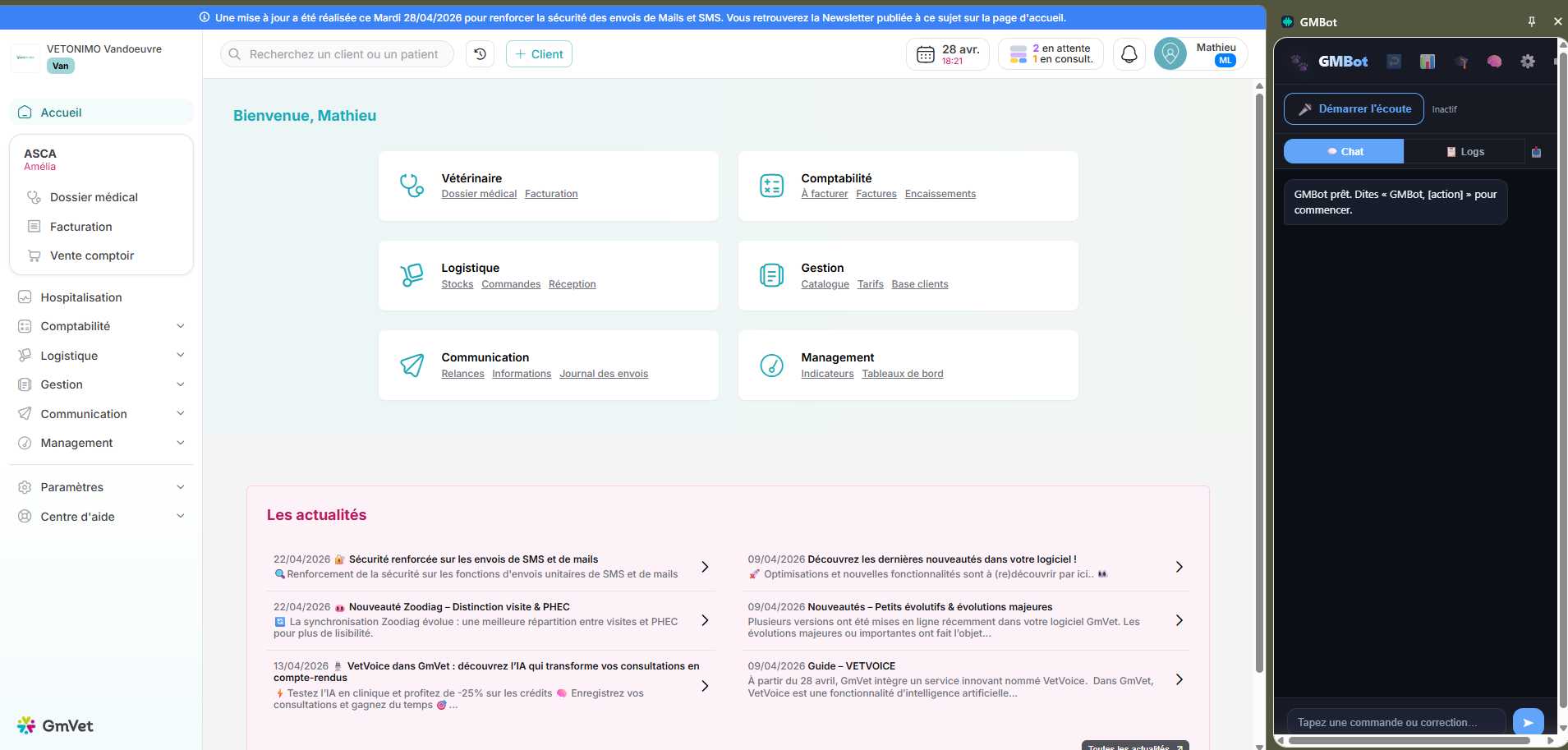 L'interface présente un logiciel de gestion vétérinaire intégrant des fonctionnalités d'intelligence artificielle pour automatiser les tâches administratives et améliorer la communication.