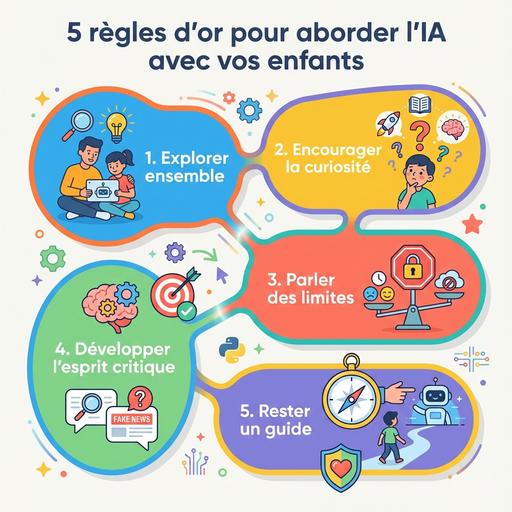 L'image présente cinq règles d'or pour aborder l'intelligence artificielle avec les enfants, en mettant l'accent sur l'exploration, la curiosité et le développement de l'esprit critique, des concepts pertinents dans l'automatisation et la médecine vétérina