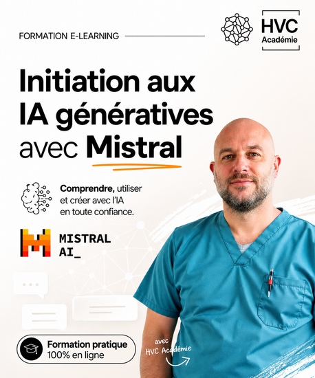 L'image présente un vétérinaire en formation e-learning sur l'intelligence artificielle et son application en automatisation, notamment avec les IA génératives de Mistral, pour améliorer les pratiques vétérinaires.