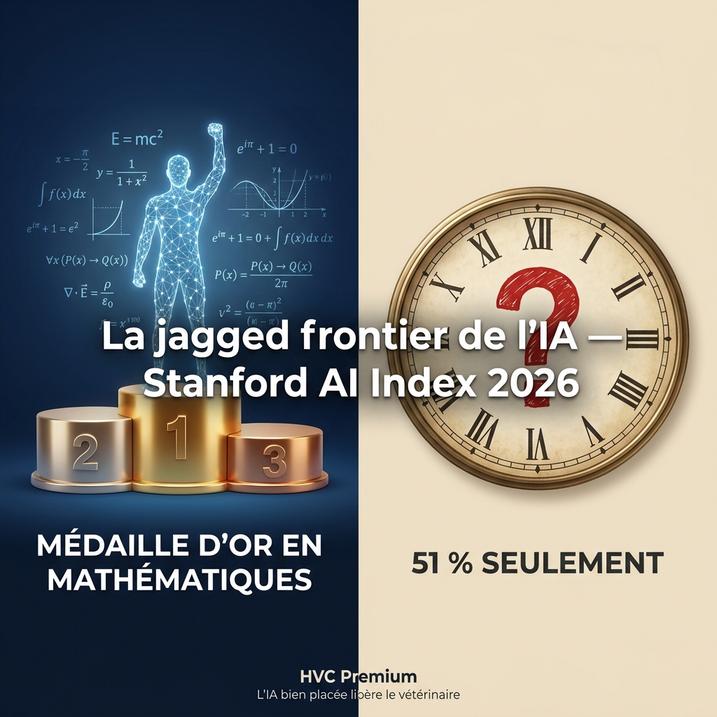 Cette image illustre l'impact de l'intelligence artificielle sur divers domaines, incluant l'automatisation des processus vétérinaires, tout en mettant en avant des éléments mathématiques clés dans le contexte du Stanford AI Index 2026.