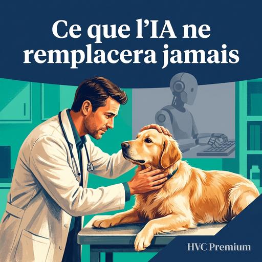 L'image illustre un vétérinaire interagissant avec un chien, soulignant que l'intelligence artificielle et l'automatisation ne remplaceront jamais le lien humain et la compassion dans les soins animaliers.