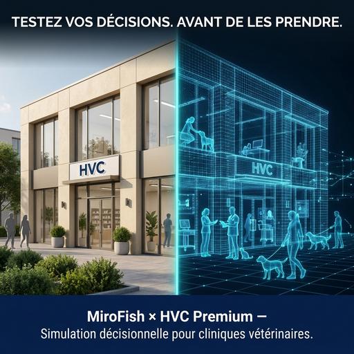 L'image présente une simulation décisionnelle pour cliniques vétérinaires, mettant en avant l'intelligence artificielle et l'automatisation, permettant aux professionnels de tester leurs décisions avant de les prendre.