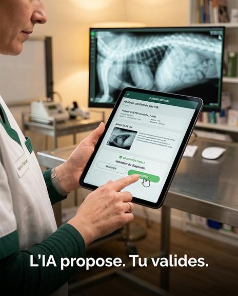 Dans une clinique vétérinaire, une professionnelle utilise une tablette pour valider un diagnostic proposé par une intelligence artificielle, illustrant ainsi l'automatisation dans le domaine médical animal.