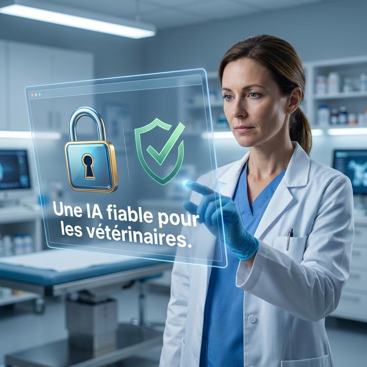 Une vétérinaire utilise une interface futuriste pour montrer comment l'intelligence artificielle et l'automatisation peuvent apporter des solutions fiables dans le domaine médical vétérinaire.