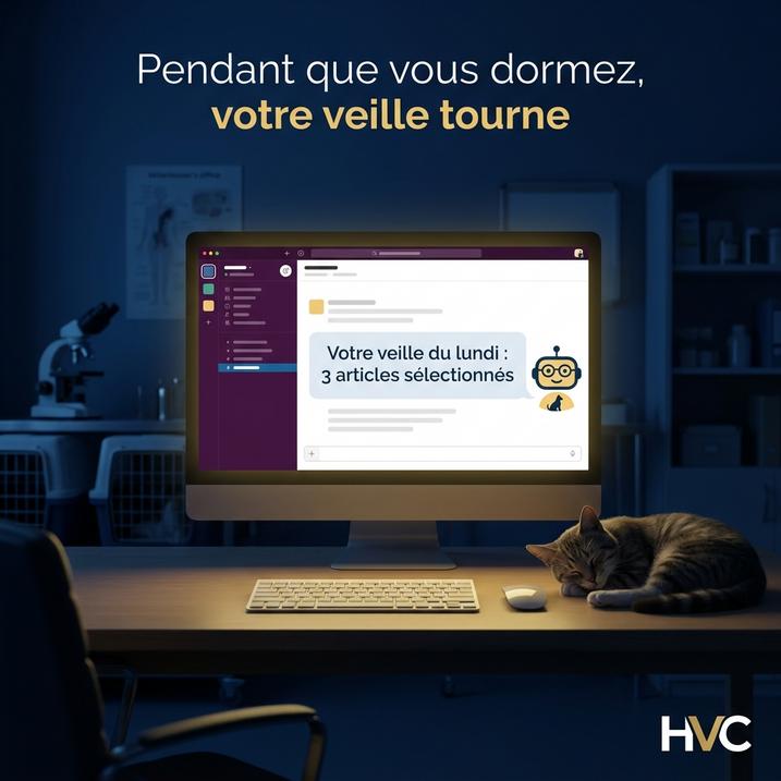 L'image montre un bureau avec un ordinateur affichant une veille automatisée par intelligence artificielle, idéale pour les vétérinaires, permettant de recevoir des articles sélectionnés pendant que vous dormez.