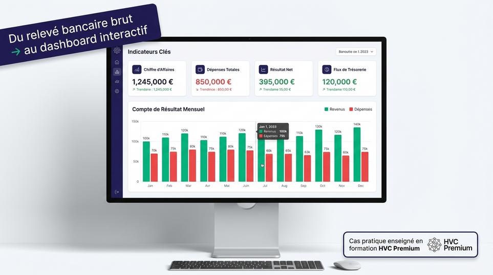 Cette image illustre un tableau de bord interactif pour la gestion financière, démontrant comment l'intelligence artificielle et l'automatisation peuvent optimiser les pratiques administratives d'un vétérinaire.