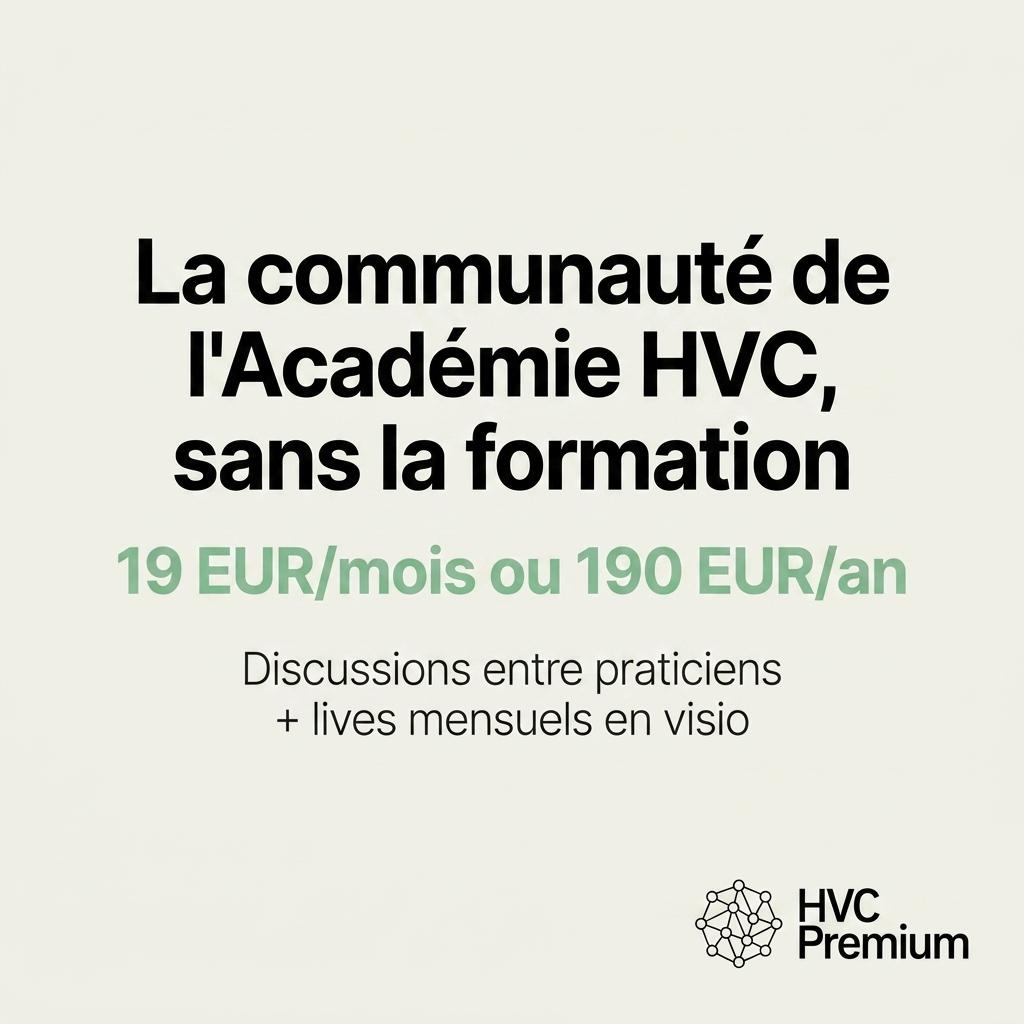L'image présente une offre d'adhésion à l'Académie HVC, encourageant l'échange entre vétérinaires, avec des discussions sur l'intelligence artificielle et l'automatisation dans le domaine vétérinaire.