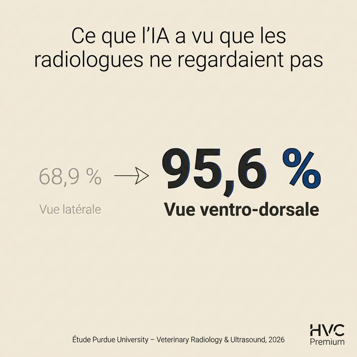 L'image montre comment l'intelligence artificielle améliore l'automatisation en radiologie vétérinaire, augmentant la détection des anomalies de 68,9 % à 95,6 % avec une vue ventro-dorsale.