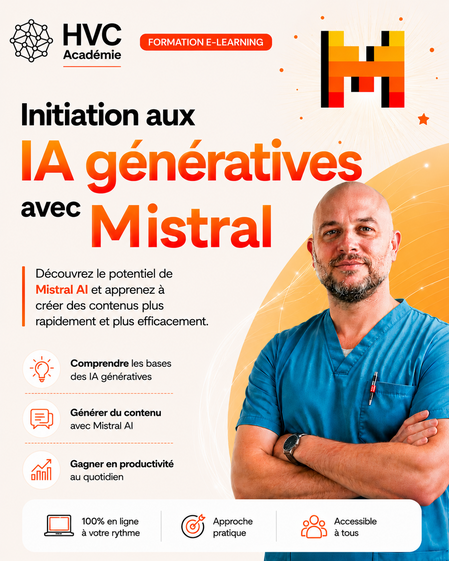 Cette image présente une formation en ligne sur les IA génératives avec Mistral, mettant en avant l'automatisation et son potentiel pour les vétérinaires afin d'améliorer leur efficacité et leur productivité.