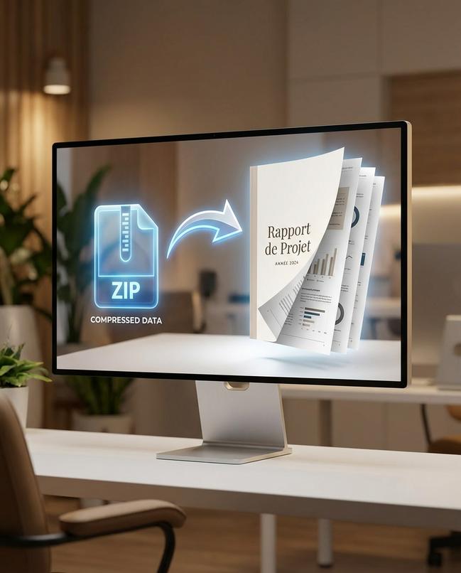 Cette image illustre un écran d'ordinateur affichant un fichier compressé ZIP, symbolisant l'automatisation de la gestion de données, potentiellement utile pour des vétérinaires exploitant l'intelligence artificielle dans leurs rapports.