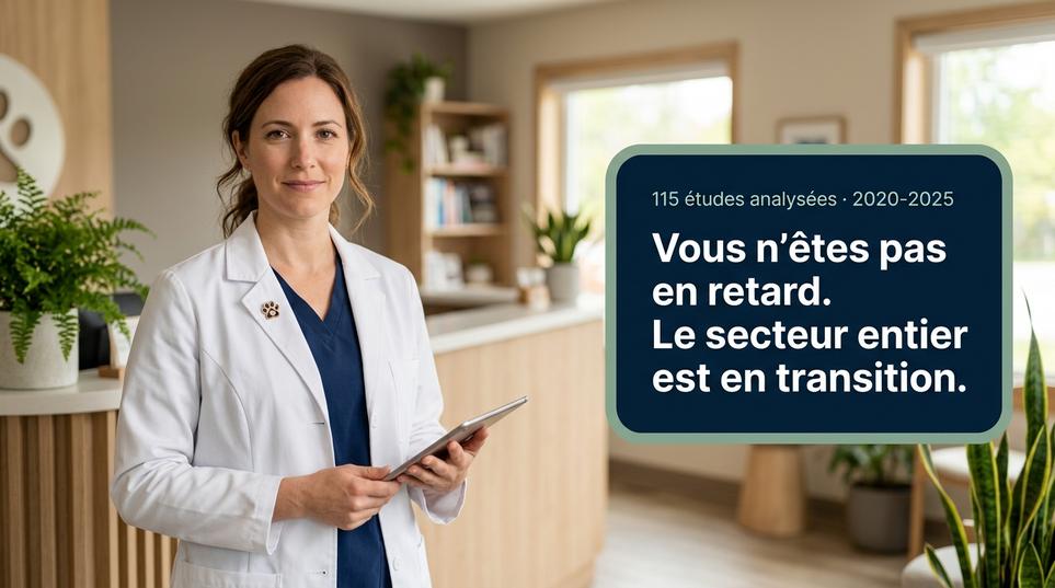 Une vétérinaire se tient dans son cabinet, utilisant une tablette, illustrant comment l'intelligence artificielle et l'automatisation transforment le secteur vétérinaire en pleine transition.