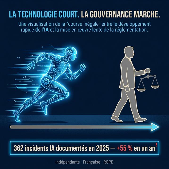 L'image illustre la course rapide de l'intelligence artificielle face à une réglementation lente, mettant en lumière les enjeux d'automatisation dans le domaine vétérinaire et les risques associés.