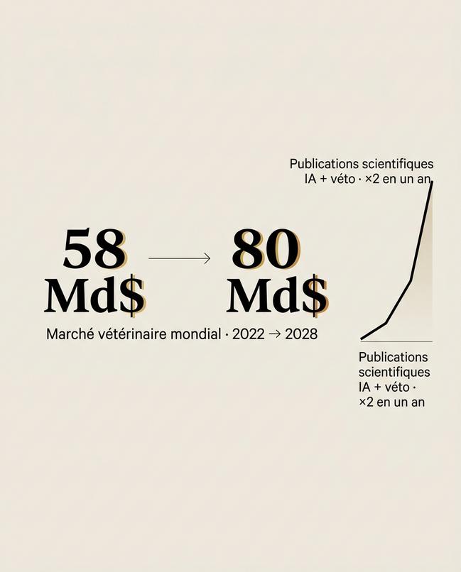 L'image illustre la croissance du marché vétérinaire mondial, passant de 58 à 80 Md$ entre 2022 et 2028, avec un doublement des publications scientifiques sur l'intelligence artificielle et l'automatisation en lien avec la médecine vétérinaire.