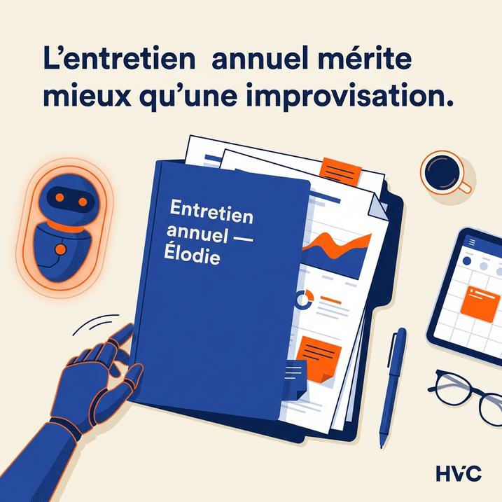 L'image illustre le concept d'automatisation dans la gestion d'un entretien annuel, intégrant l'intelligence artificielle pour améliorer les processus, un outil pertinent même pour les vétérinaires.
