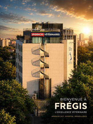 L'image montre un centre vétérinaire moderne, symbolisant l'**intelligence artificielle** et l'**automatisation** au service des soins animaliers, avec un accent sur l'excellence en médecine vétérinaire.