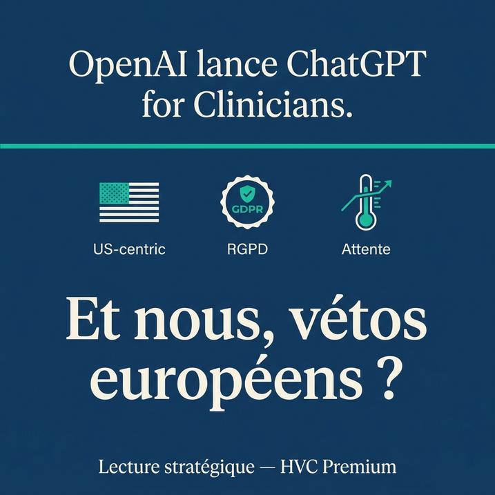 L'image annonce le lancement de ChatGPT pour cliniciens par OpenAI, soulevant des questions sur l'application de l'intelligence artificielle et de l'automatisation dans le domaine vétérinaire en Europe.