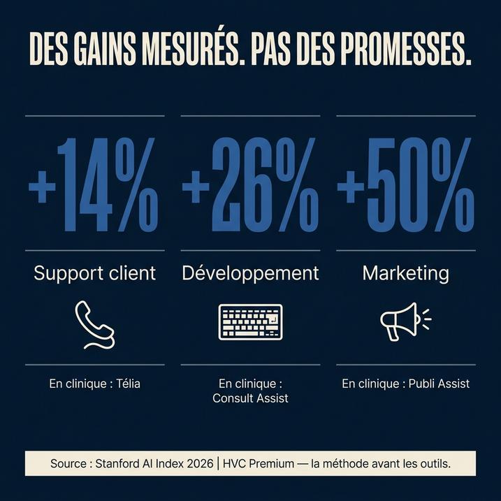 L'image présente des gains mesurés en pourcentages dans différents domaines, soulignant l'importance de l'intelligence artificielle et de l'automatisation dans l'évolution des services, y compris ceux liés aux vétérinaires.