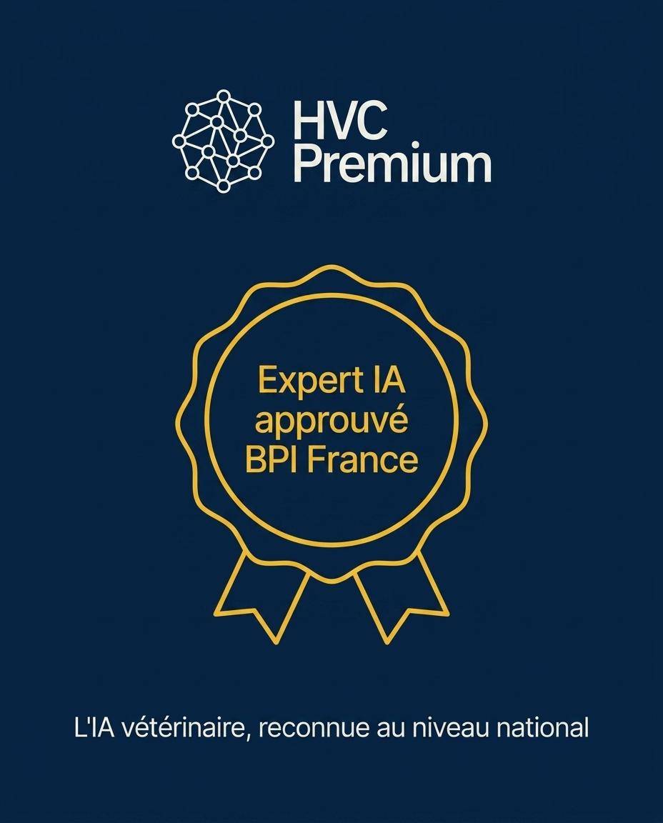L'image met en avant l'expertise en intelligence artificielle dans le domaine vétérinaire, soulignant son approbation au niveau national et son rôle dans l’automatisation des pratiques vétérinaires.
