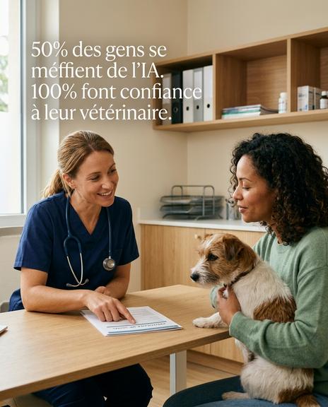 L'image met en avant la confiance des clients envers leur vétérinaire, contrastant avec la méfiance envers l'intelligence artificielle, soulignant l'importance de l'humain face à l'automatisation dans les soins vétérinaires.