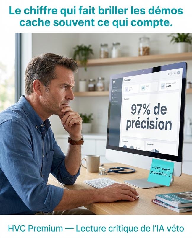 Un vétérinaire analyse des données d'une application d'intelligence artificielle, réfléchissant à l'automatisation des processus avec une précision de 97 %, questionnant l'impact sur la population concernée.
