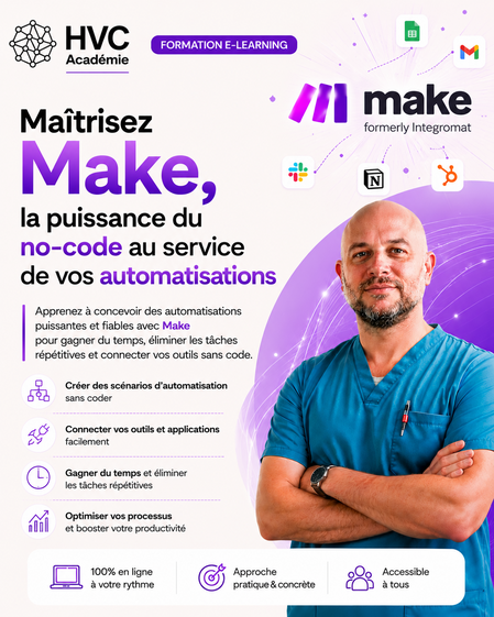 Cette image illustre une formation en ligne sur "Make", soulignant l'intégration de l'intelligence artificielle et l'automatisation dans la pratique vétérinaire pour optimiser les processus et gagner du temps.