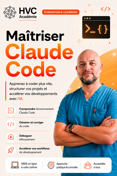 L'image présente un vétérinaire en tenue médicale, promouvant une formation en ligne qui utilise l'intelligence artificielle pour automatiser le développement de code, facilitant ainsi l'apprentissage et la pratique.