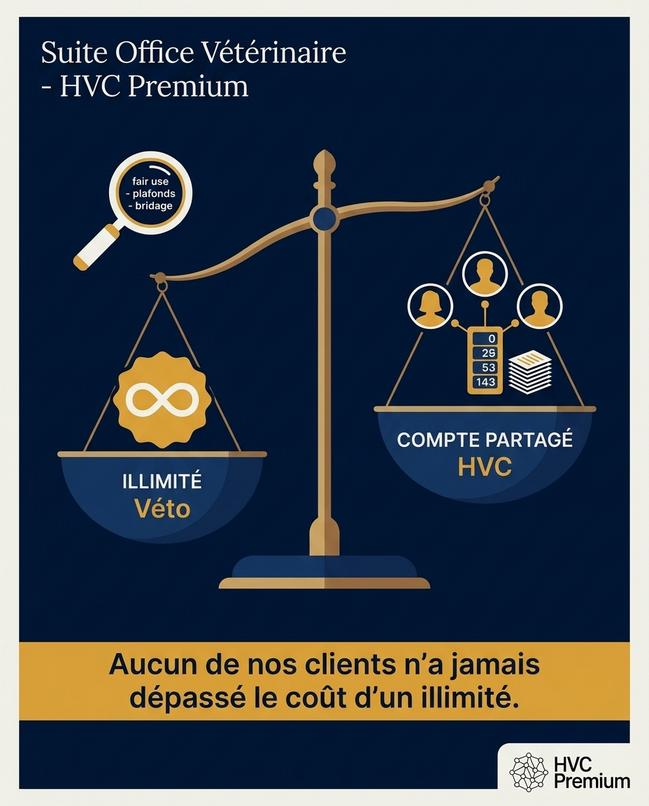 L'image présente un service vétérinaire nommé HVC Premium, mettant en avant l'automatisation et l'intelligence artificielle pour offrir un accès illimité aux soins vétérinaires sans coûts supplémentaires.