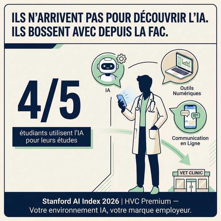 L'image présente des étudiants en médecine vétérinaire intégrant l'intelligence artificielle et l'automatisation, avec 4 sur 5 d'entre eux utilisant ces outils numériques pour leurs études et leur future pratique en clinique vétérinaire.