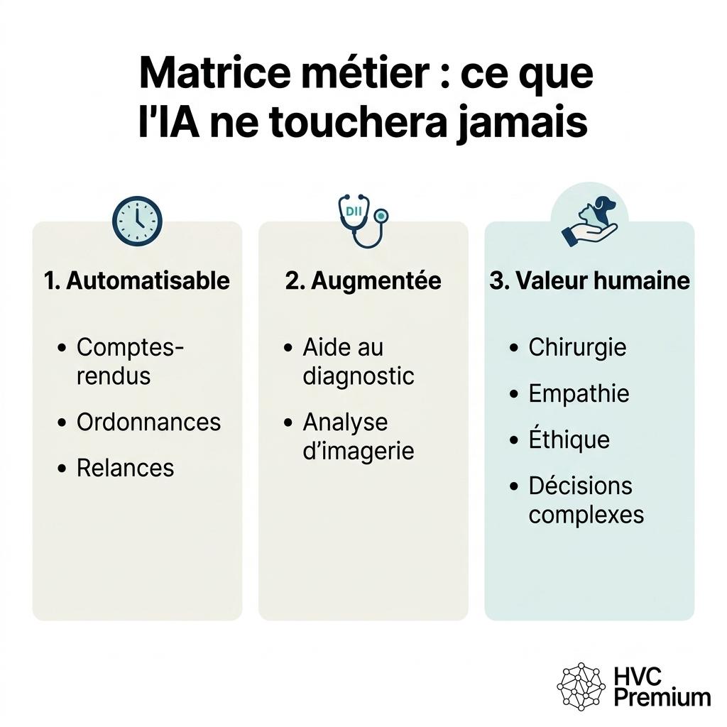 Cette matrice expose comment l'intelligence artificielle et l'automatisation peuvent influencer le métier vétérinaire, tout en soulignant des aspects humains irremplaçables comme la chirurgie et l'empathie.